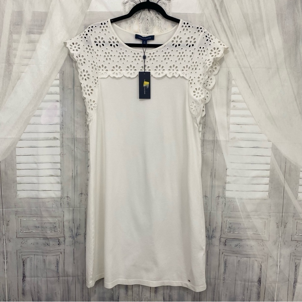 Tommy Hilfiger Size Medium M Cream White Eyelet Dress Flutter Sleeve Pullover - Picture 7 of 14